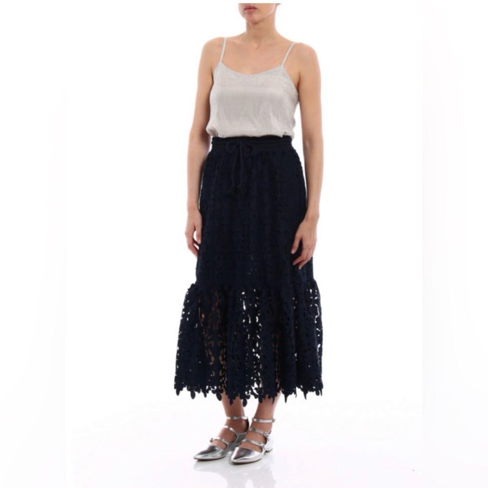 See By Chloe Lace Maxi Skirt with Tiered Hem navy blue size M